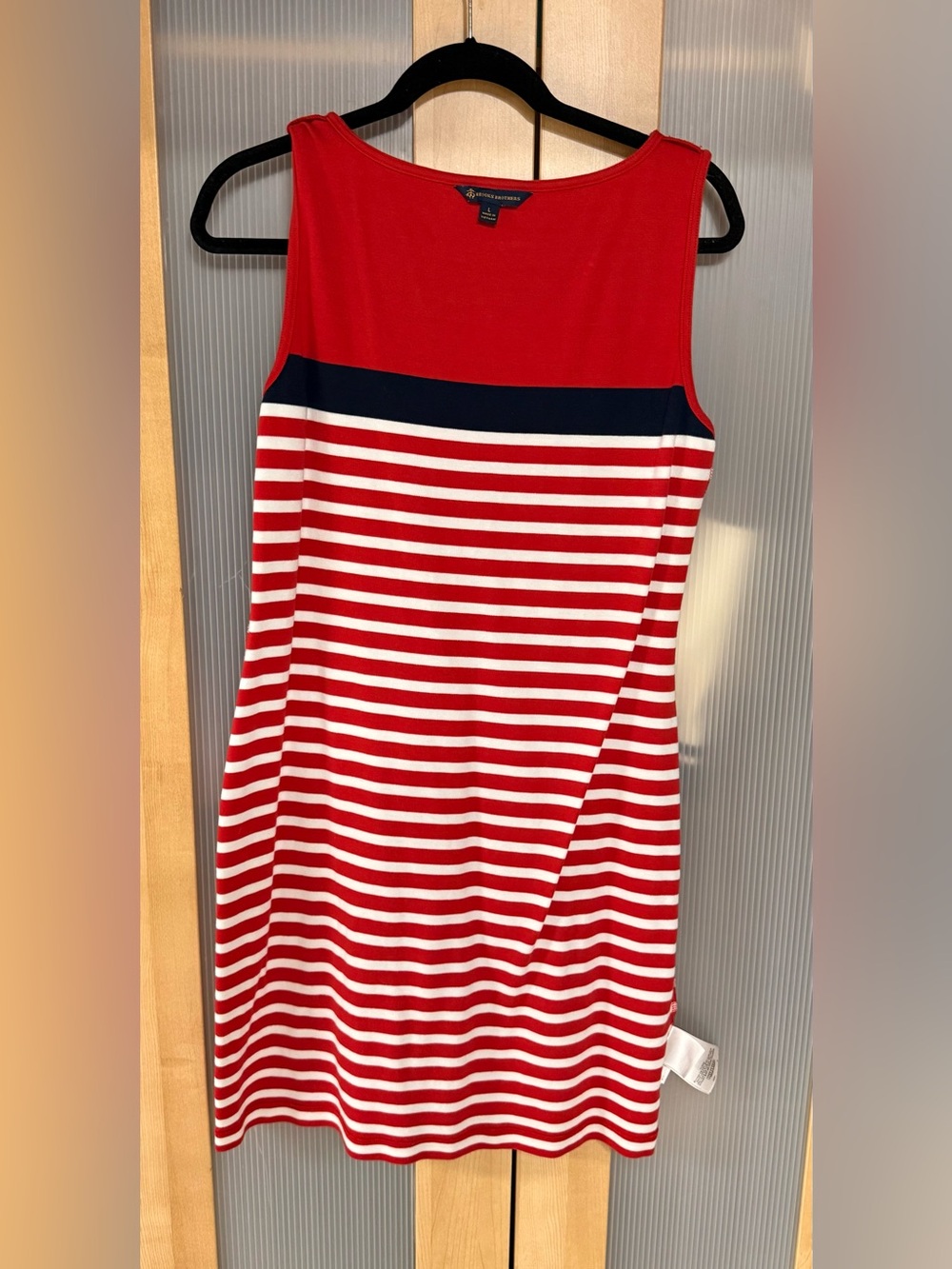 Brooks Brothers Red and White Striped Midi Skirt with Navy Band